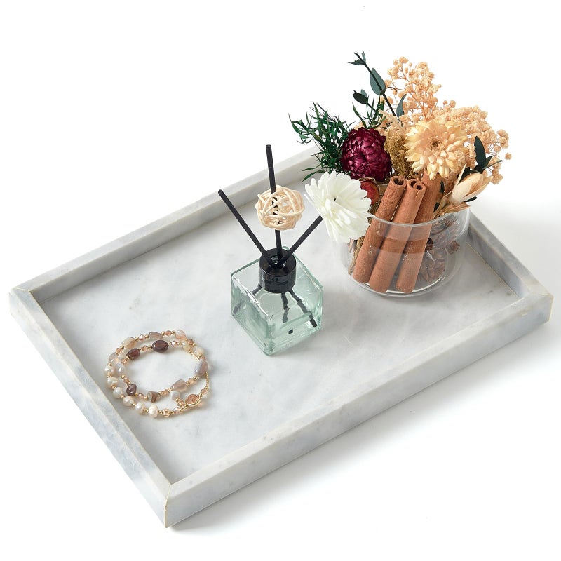 MULWR Marble Bathroom Tray Pure Natural Marble Vanity Tray Marble Tray for Kitchen Counter Non-Ceramic/Non-Resin Stone Tray 12 x 8 inch (White) - Image 1